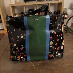 Tory Burch Villette Black Floral Tote with Green and Blue Stripes